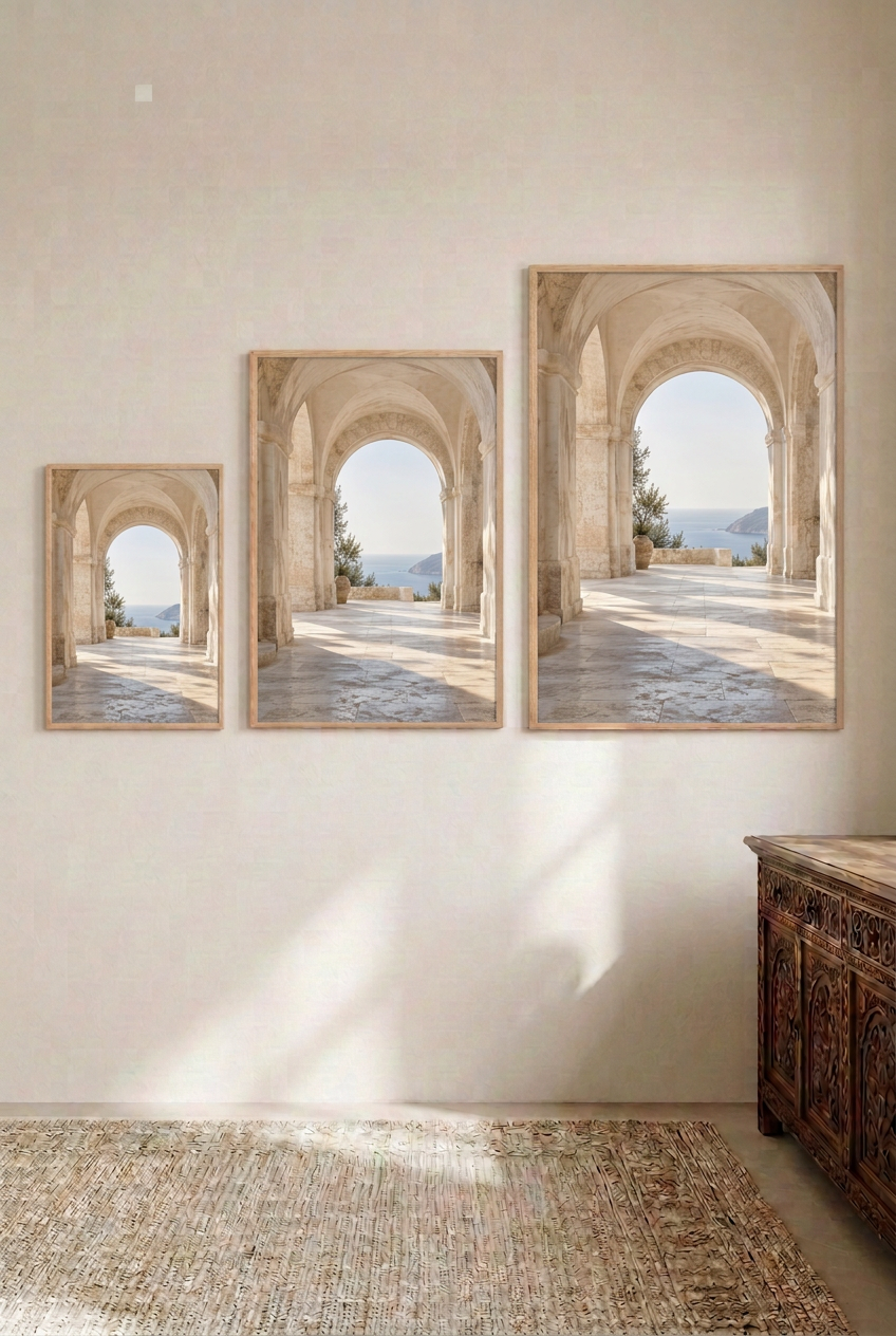 The Open Vault — three sizes side by side, oak frames