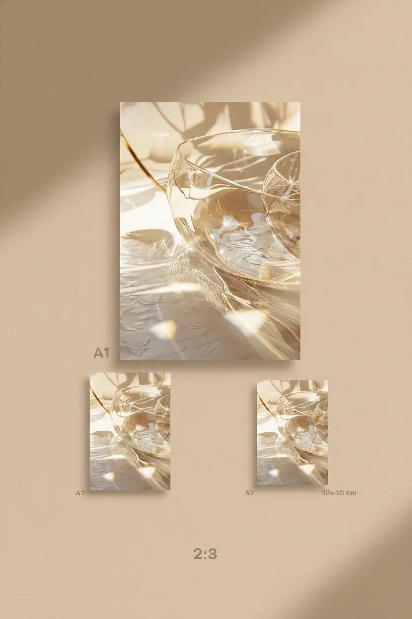Le Prisme — Affiche murale minimaliste ivoire verre reflets prismatiques lumière, affiche murale minimaliste avec cadre bois, décoration murale salon ou chambre, style méditerranéen