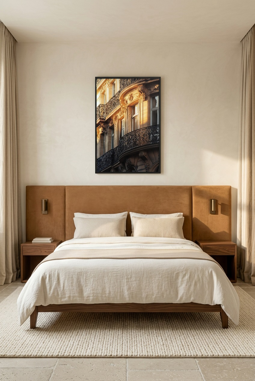 L’Haussmann — poster in a black frame in a bedroom