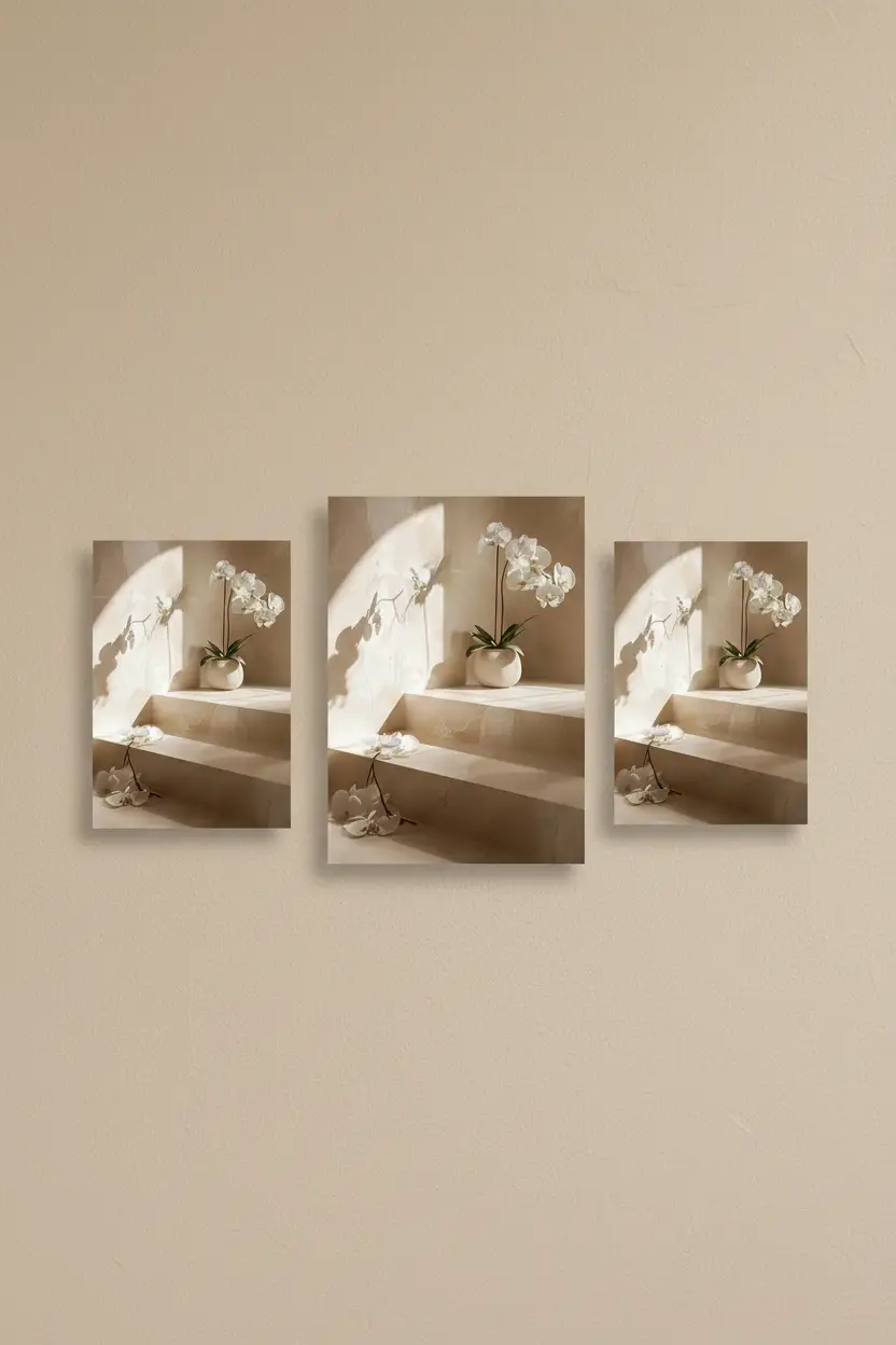 The Orchid Staircase — Minimalist travertine orchid wall poster