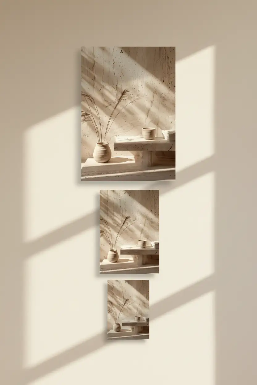 Le Vase et le Pampa — Affiche murale minimaliste céramique travertin pampa graphique minéral, affiche murale minimaliste avec cadre bois, décoration murale salon ou chambre, style méditerranéen