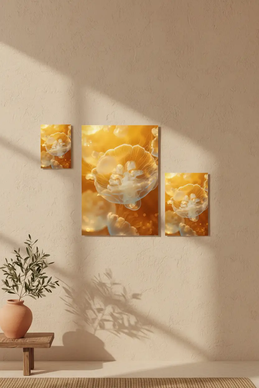 La Méduse — Póster minimalista de pared ámbar dorado medusa translúcida