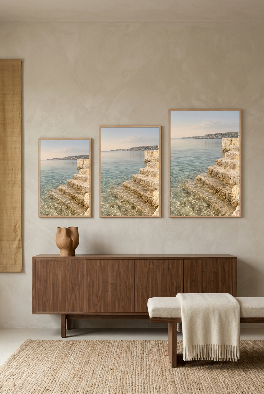 Steps into the Water — poster in an oak frame in three sizes side by side