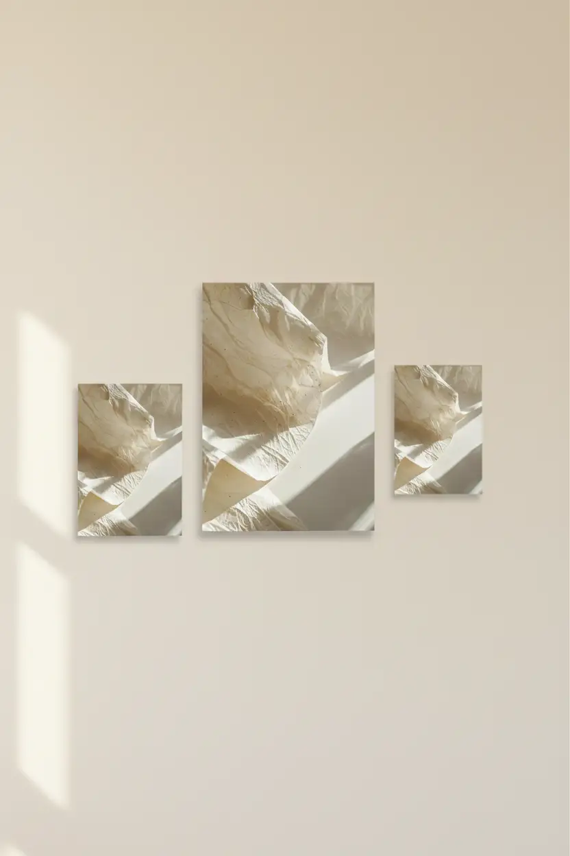 Le Papier Froissé — Affiche murale minimaliste macro texture papier japonais washi ivoire abstrait, affiche murale minimaliste avec cadre bois, décoration murale salon ou chambre, style méditerranéen