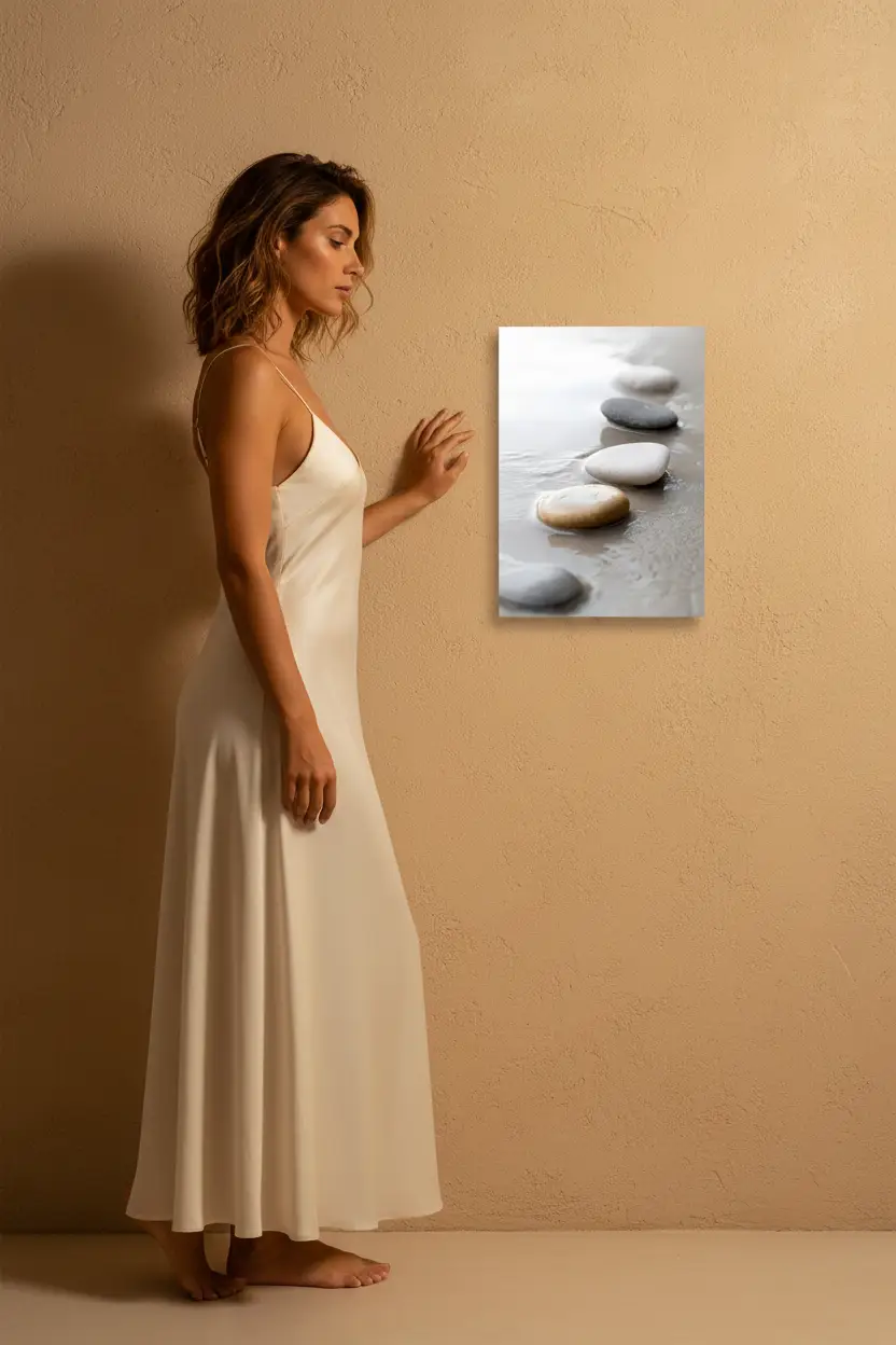 Laissés par la Vague — Affiche murale minimaliste galet blanc gris beige — affiche murale minimaliste | Cassili-home