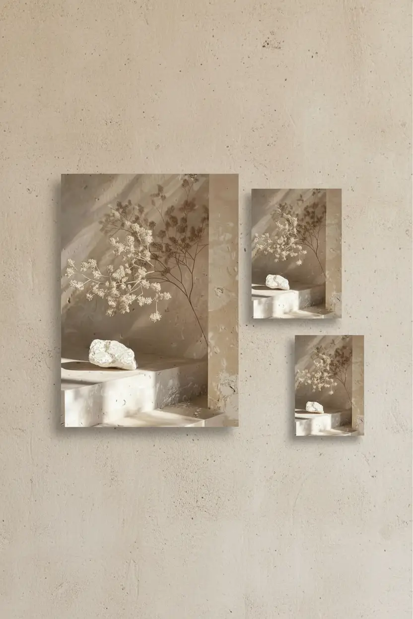 La Branche et la Pierre — Affiche murale minimaliste béton sable branche séchée pierre brute, affiche murale minimaliste avec cadre bois, décoration murale salon ou chambre, style méditerranéen