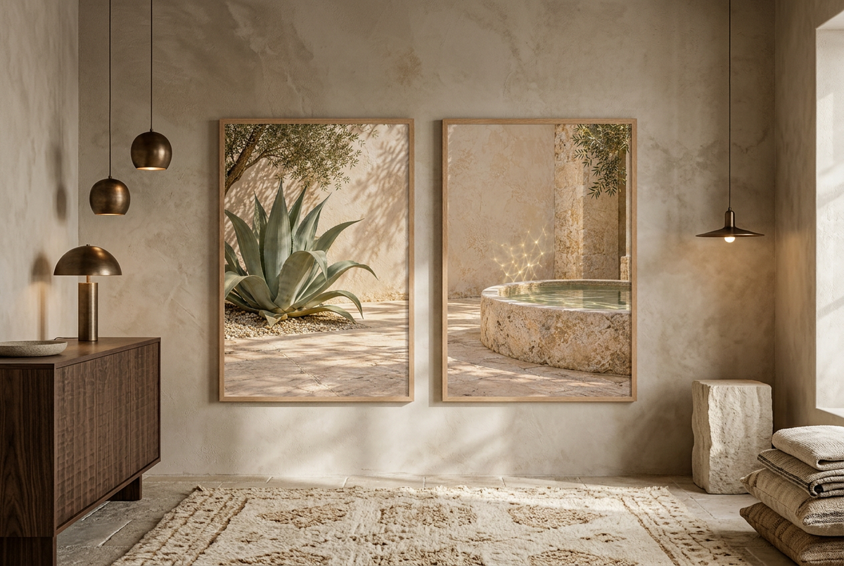 The Shaded Patio — wall diptych in oak frames above a sideboard