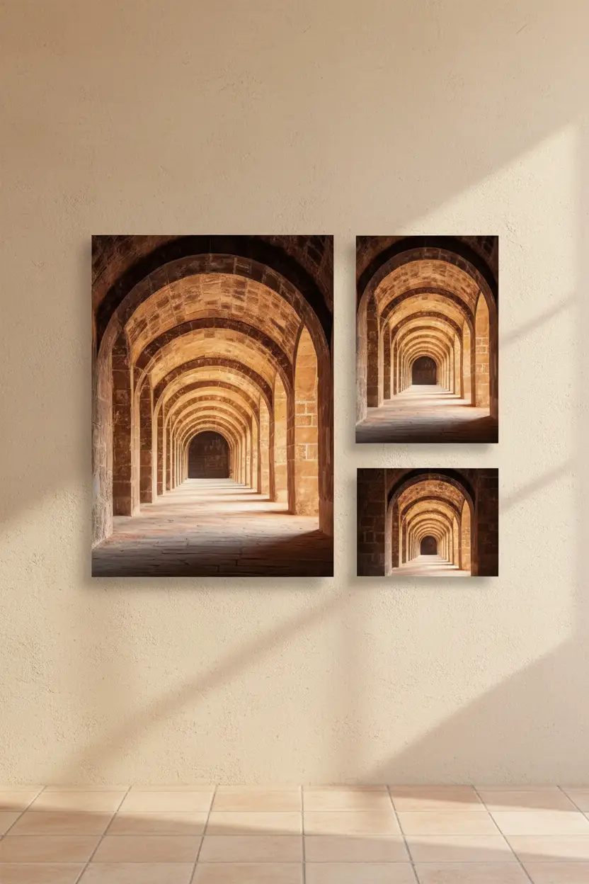 Le Cloître — Affiche murale minimaliste brun ocre arches pierre de taille perspective — affiche murale minimaliste | Cassili-home