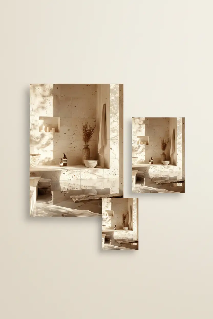 Le Hammam de Travertin — Affiche murale minimaliste salle de bain travertin eau ombres feuillage architecture, affiche murale minimaliste avec cadre bois, décoration murale salon ou chambre, style méditerranéen