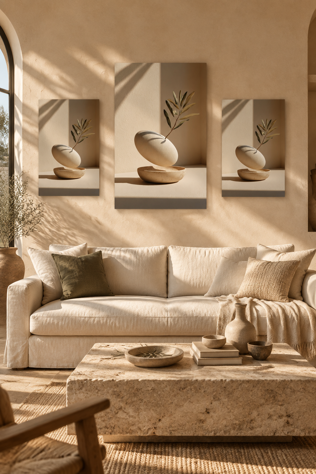Poster The Hollow and the Branch — hollowed pebble holding a sprig, in three sizes lined up on a wall