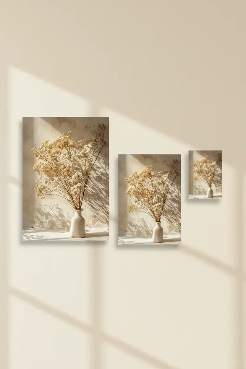 Le Bouquet d’Ivoire — Affiche murale minimaliste fleurs séchées ivoire vase céramique végétal, affiche murale minimaliste avec cadre bois, décoration murale salon ou chambre, style méditerranéen