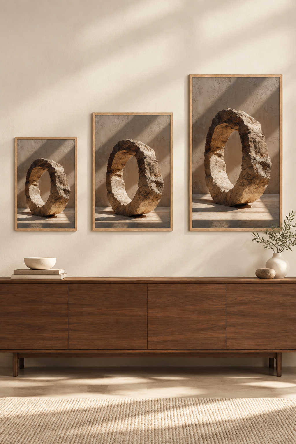The Pierced Monolith in three sizes on one wall