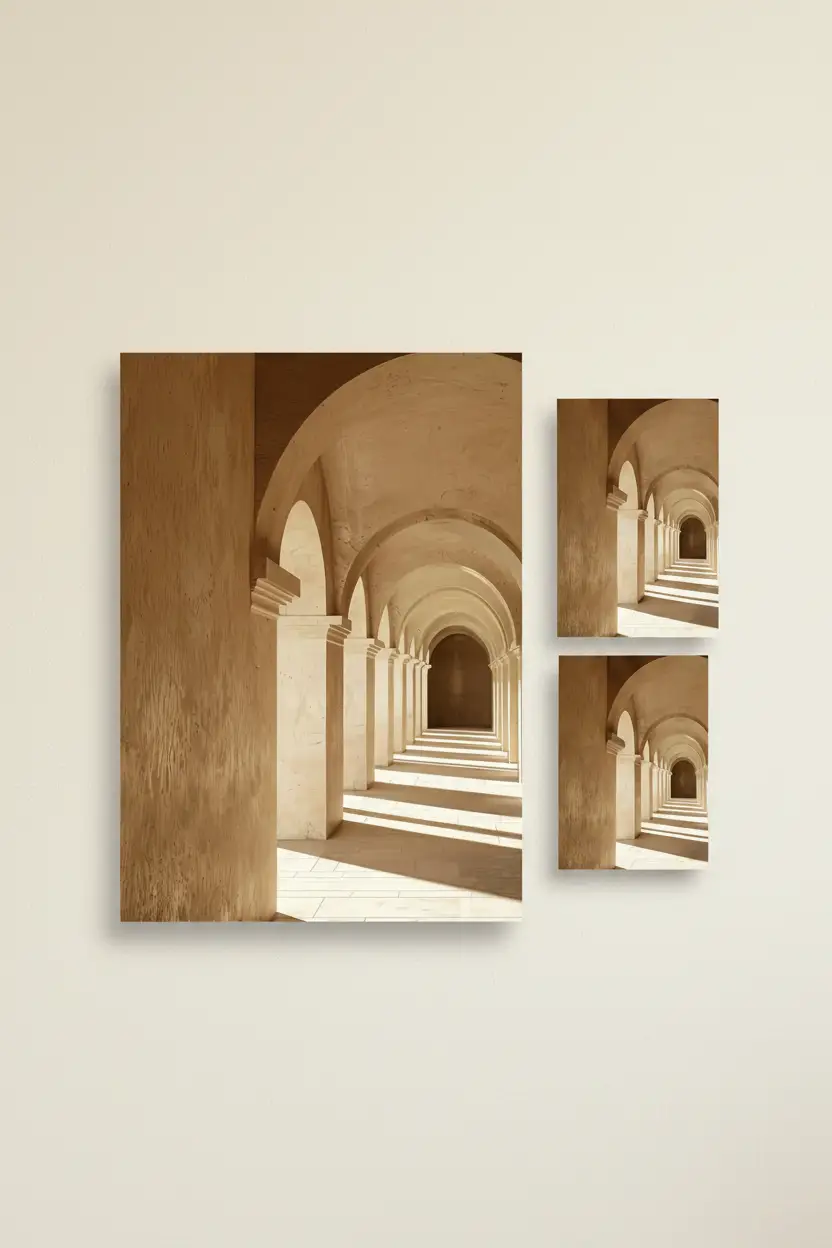 La Galerie des Arches — Affiche murale minimaliste couloir voûté arches romanes colonnes calcaire lumière architecture, affiche murale minimaliste avec cadre bois, décoration murale salon ou chambre, style méditerranéen