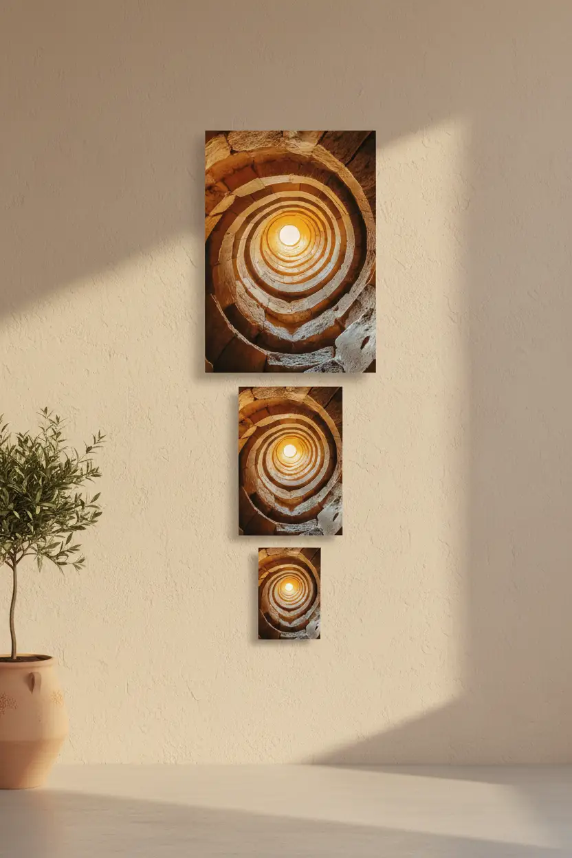 L’Oracle — Minimalistische wandposter goud zand put licht spiraal