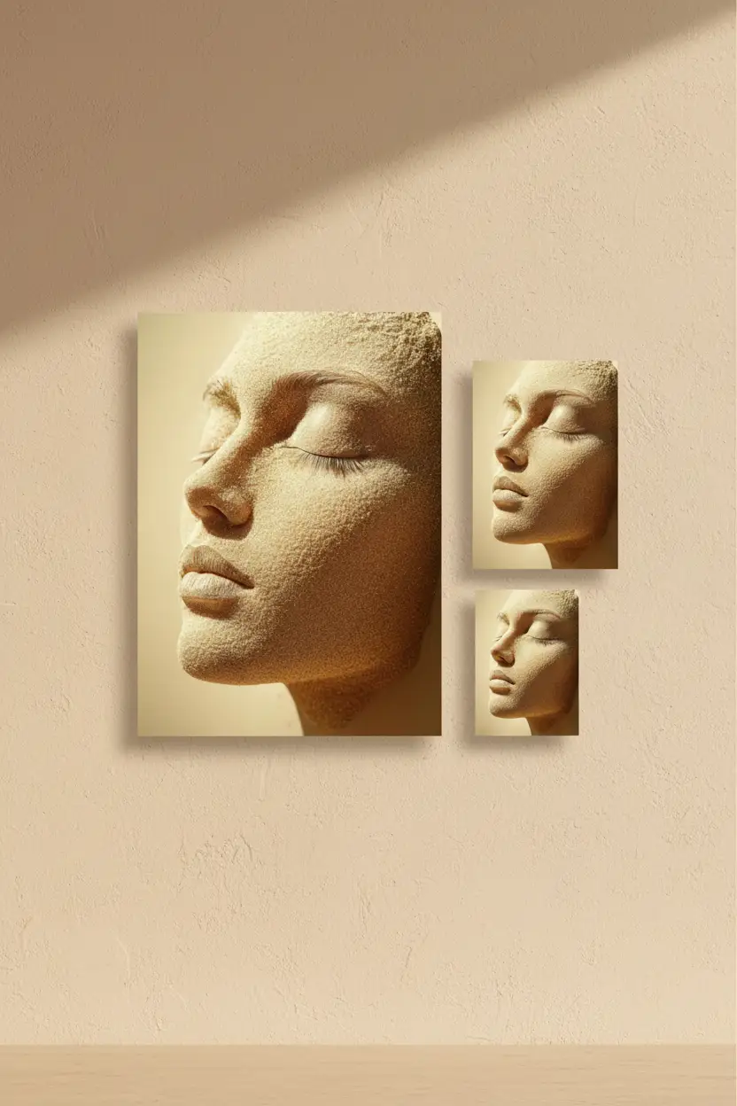 L'Ensablée – Minimalistisches Wandbild in Gold-Sand-Optik, abstraktes Gesicht
