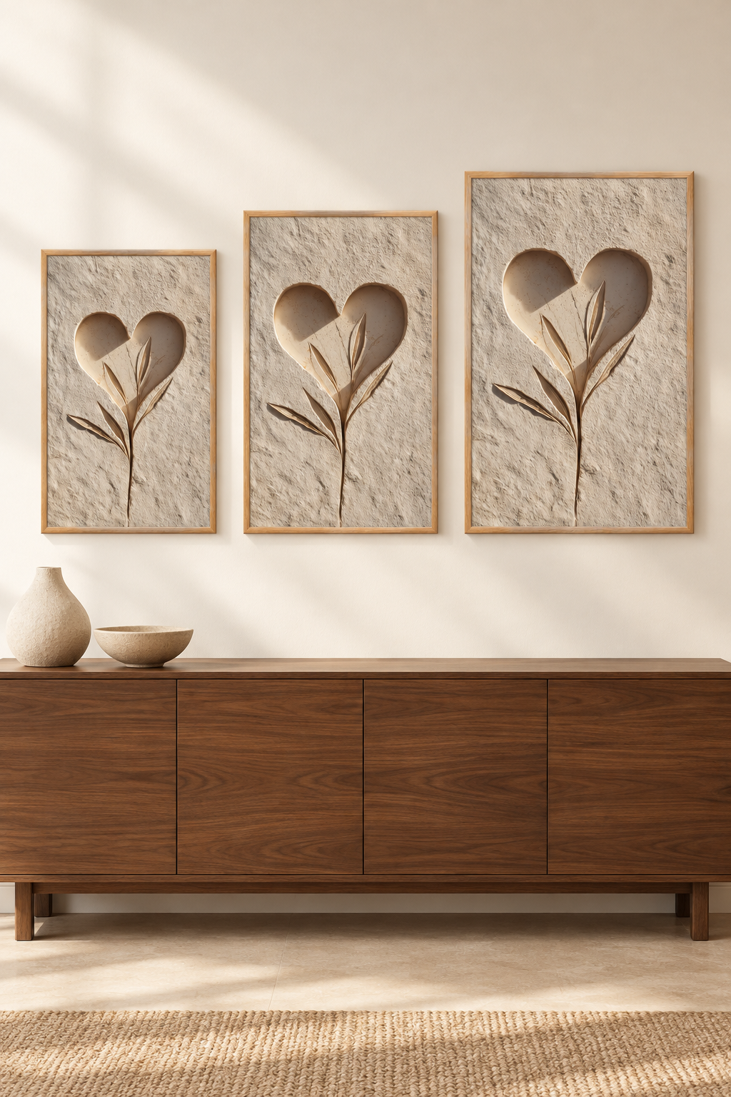 Het Hart en de Stengel in drie formaten aan één muur