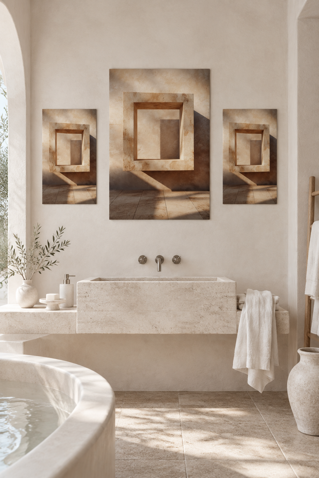 Poster The Square Doorframe — square stone frame and its cast shadow, in three sizes lined up on a wall
