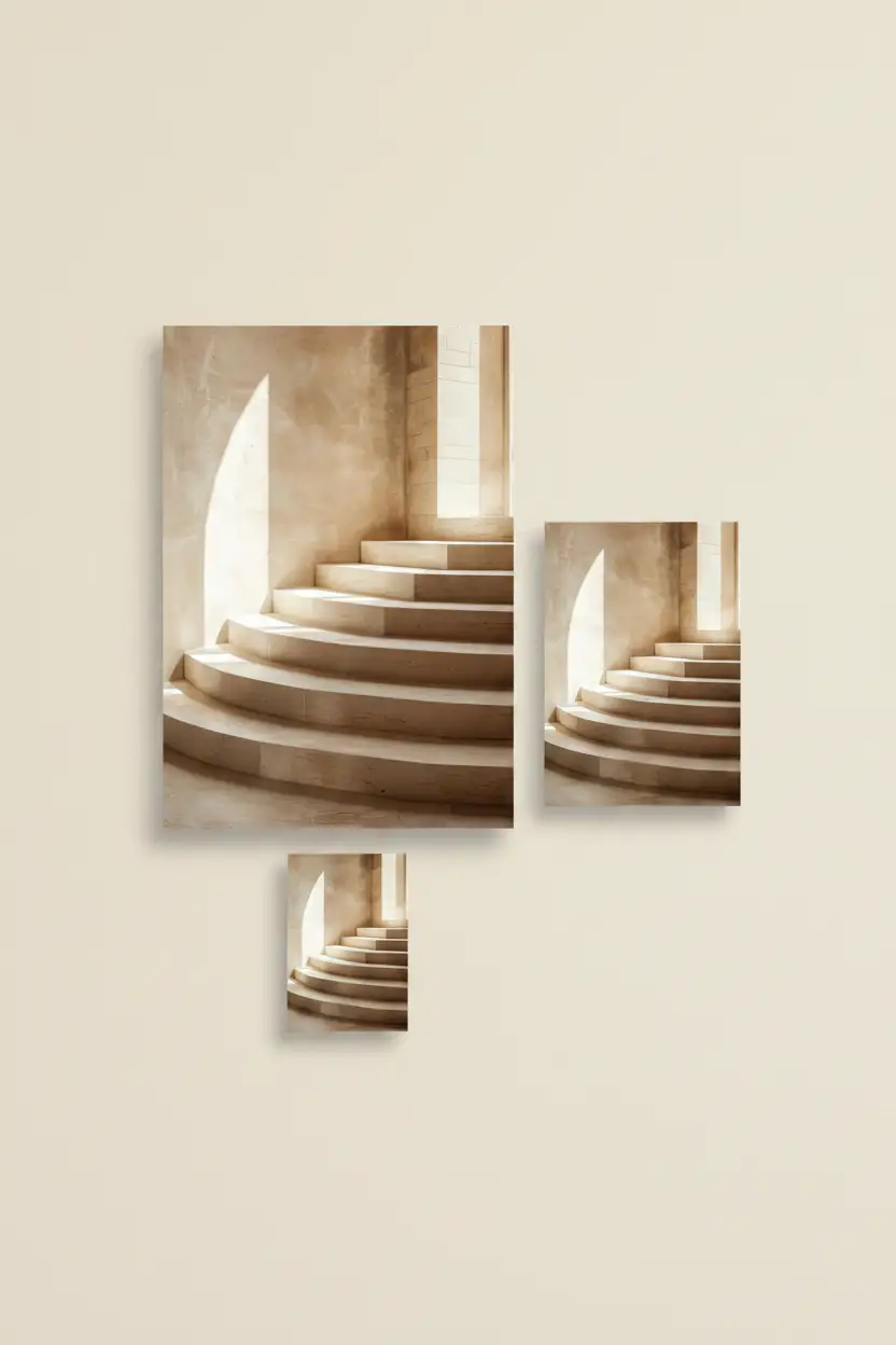 L’Escalier Courbe — Affiche murale minimaliste escalier semi-circulaire calcaire ivoire arc lumière architecture, affiche murale minimaliste avec cadre bois, décoration murale salon ou chambre, style méditerranéen