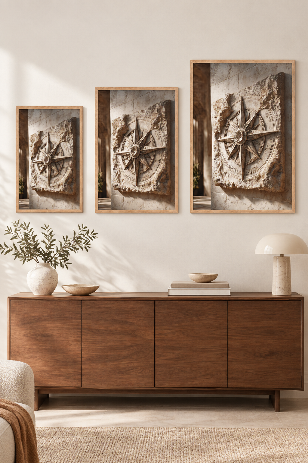 Die Windrose in drei Formaten an einer Wand