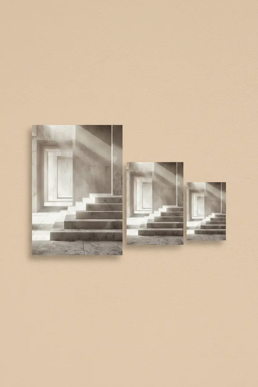 Le Couloir des Niches — Affiche murale minimaliste travertin perspective architecture lumière, affiche murale minimaliste avec cadre bois, décoration murale salon ou chambre, style méditerranéen