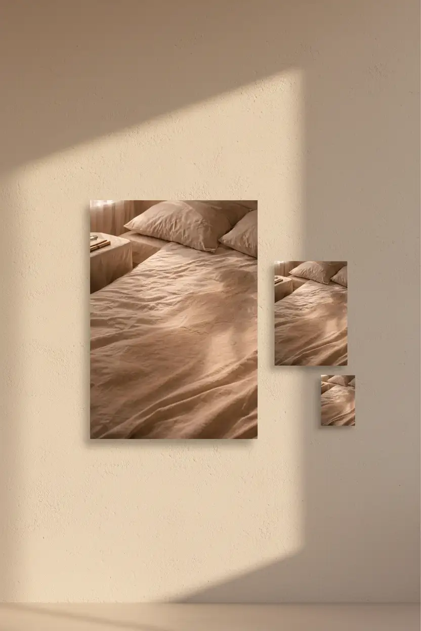 Le Lin du Matin — Affiche murale minimaliste linge beige lumière dorée, affiche murale minimaliste avec cadre bois, décoration murale salon ou chambre, style méditerranéen