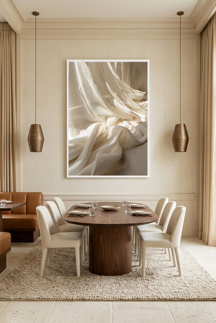 Le Lin Drapé — affiche en cadre blanc dans une salle à manger