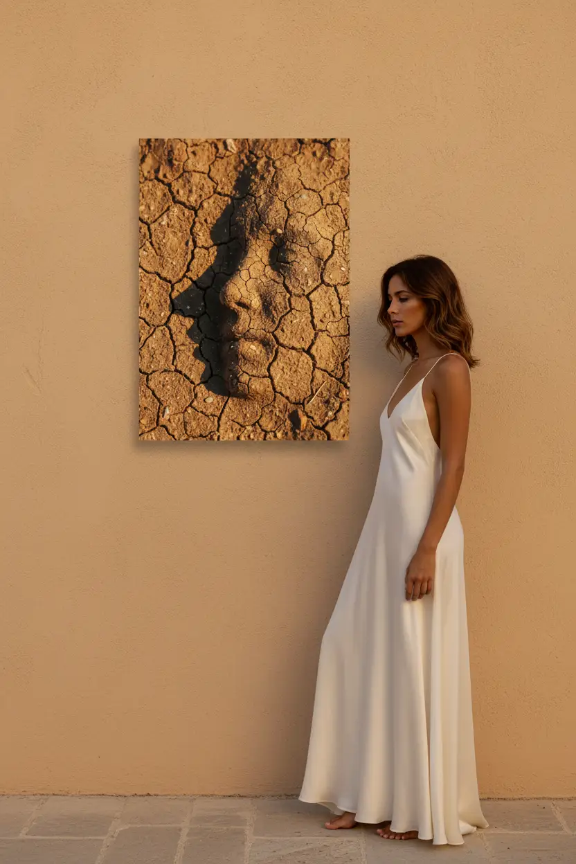 Le Profil de Terre — Affiche murale minimaliste brun ocre visage abstrait, affiche murale minimaliste avec cadre bois, décoration murale salon ou chambre, style méditerranéen