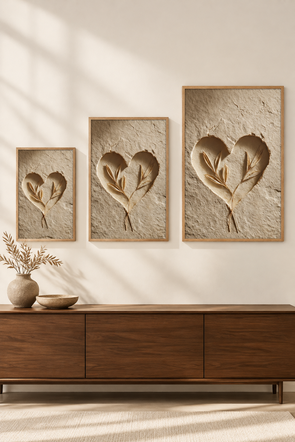 The Two-Branch Heart in three sizes on one wall