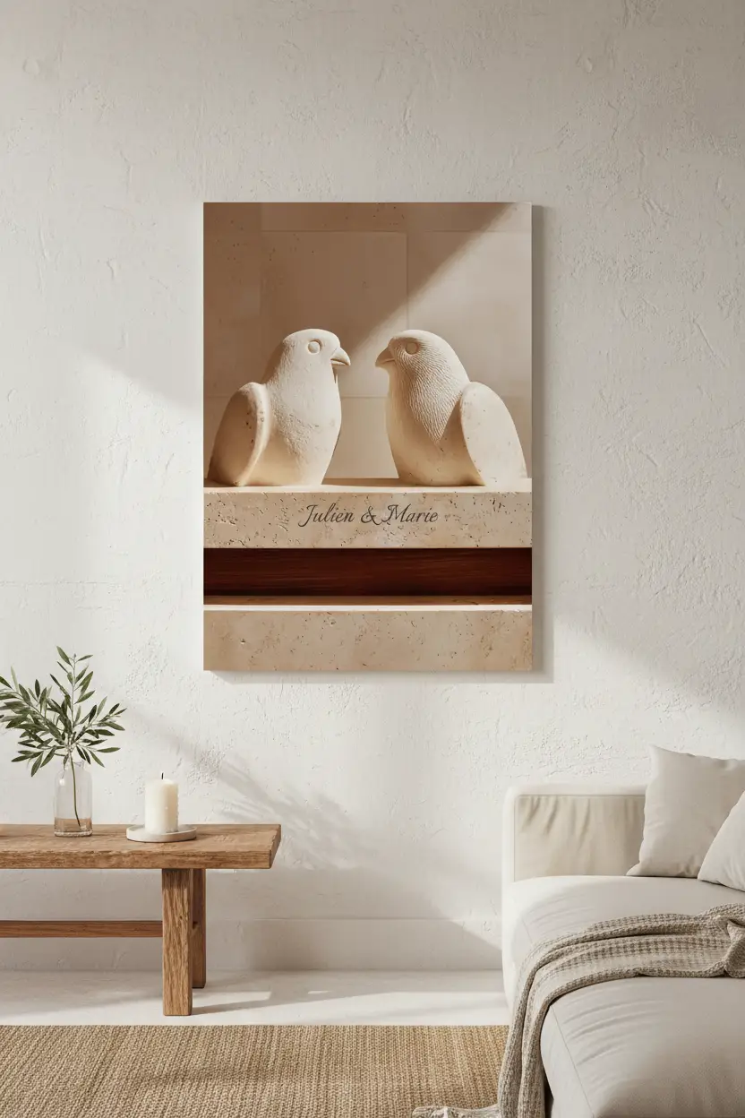 Les Tourterelles — Affiche murale personnalisable pierre méditerranéenne, affiche murale minimaliste avec cadre bois, décoration murale salon ou chambre, style méditerranéen