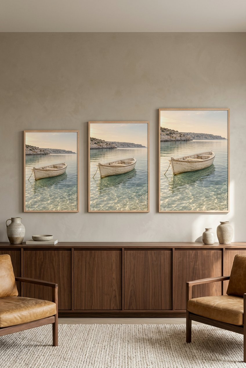 The White Boat — poster in an oak frame in three sizes side by side