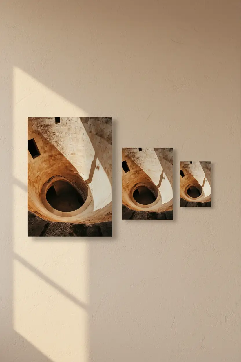 Le Puits — Affiche murale minimaliste ivoire sable puits pierre spirale vertigineuse — affiche murale minimaliste | Cassili-home