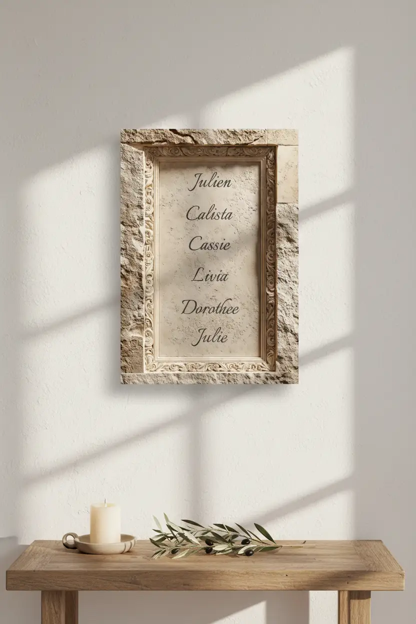 Les Prénoms Gravés — Affiche murale personnalisable pierre méditerranéenne, affiche murale minimaliste avec cadre bois, décoration murale salon ou chambre, style méditerranéen