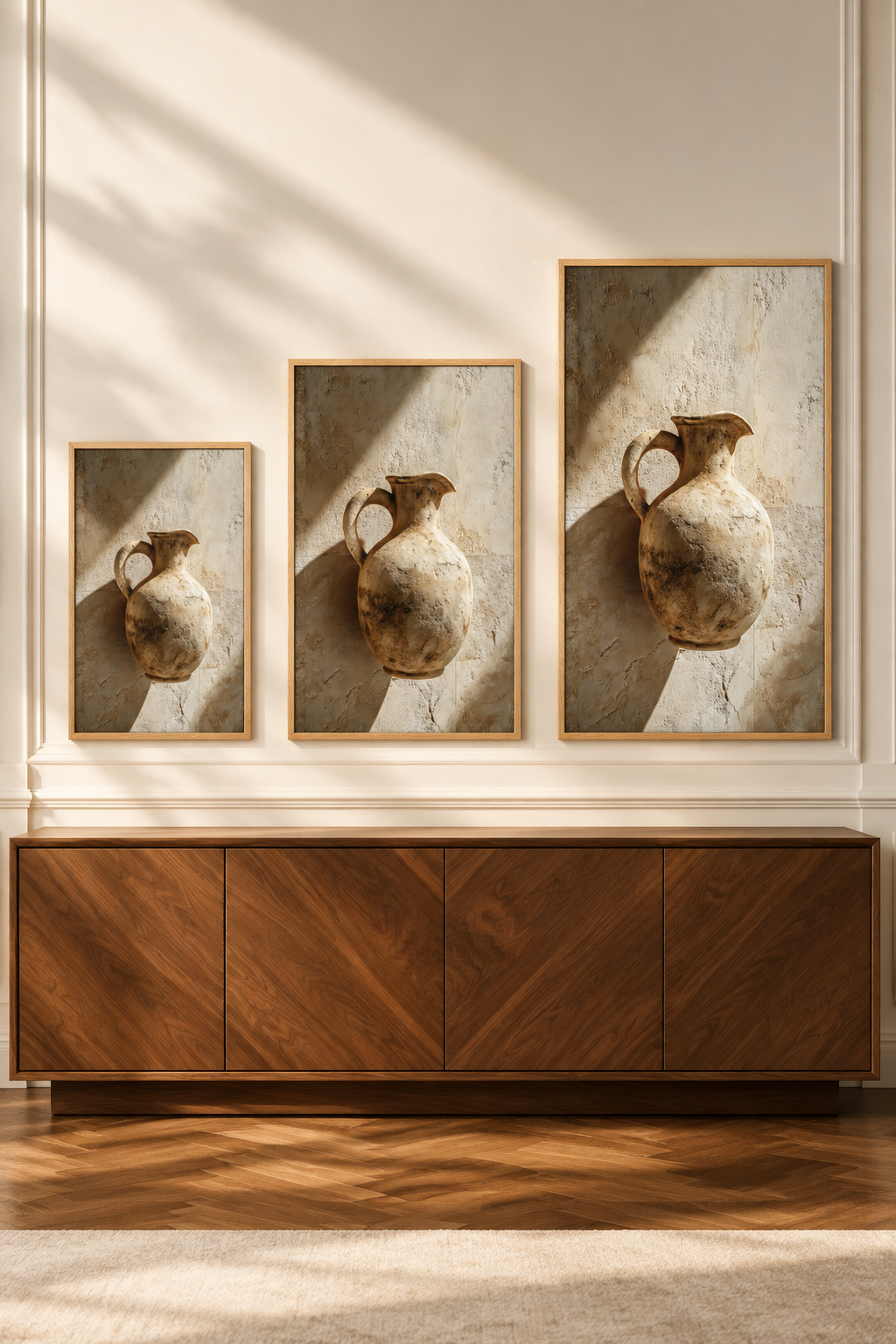 Der Krug aus Stein in drei Formaten an einer Wand