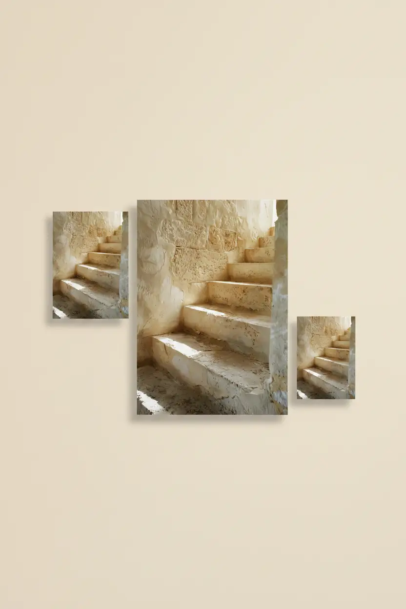 Les Marches de Pierre — Affiche murale minimaliste escalier calcaire brut texture érosion architecture, affiche murale minimaliste avec cadre bois, décoration murale salon ou chambre, style méditerranéen