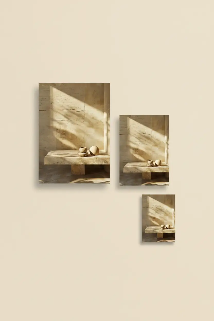 Le Banc de Pierre — Affiche murale minimaliste banc travertin céramiques sable lumière minéral, affiche murale minimaliste avec cadre bois, décoration murale salon ou chambre, style méditerranéen