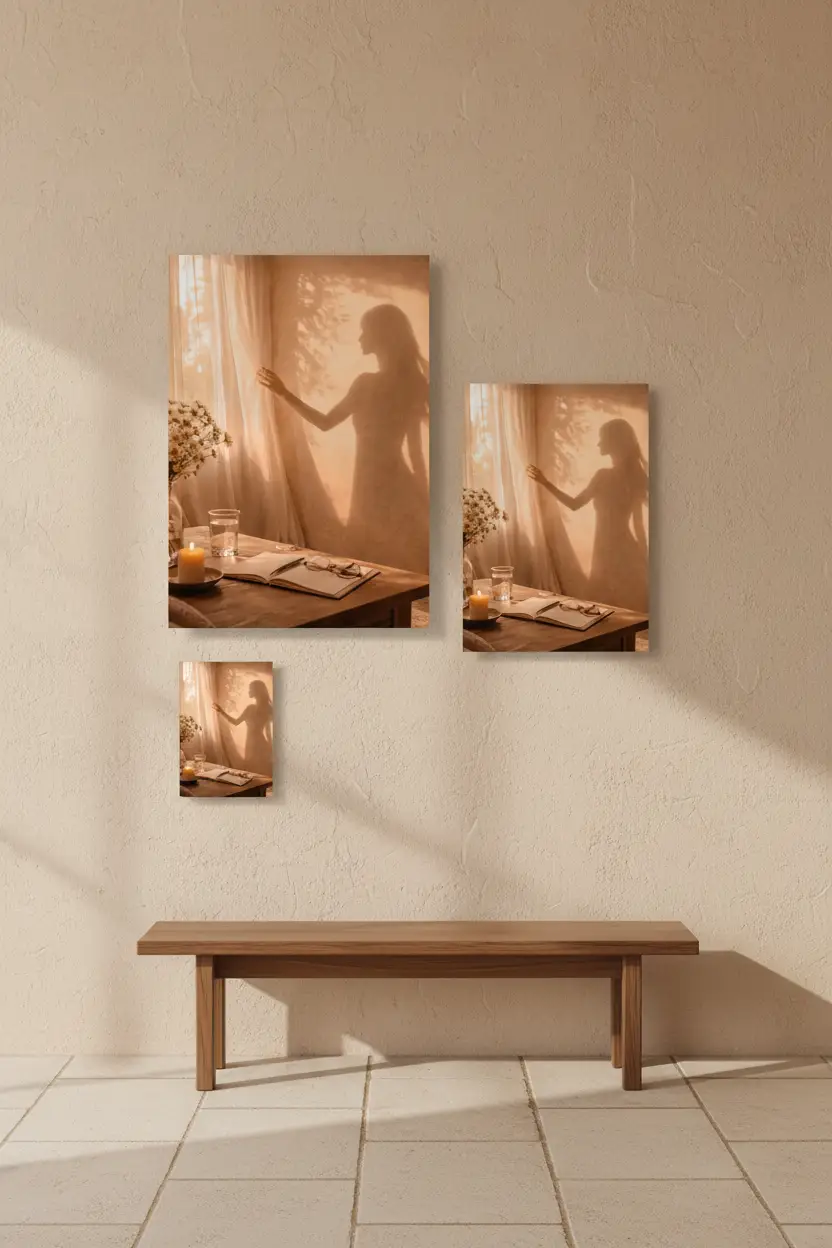 La Main sur le Voile — Affiche murale minimaliste silhouette féminine lumière dorée, affiche murale minimaliste avec cadre bois, décoration murale salon ou chambre, style méditerranéen