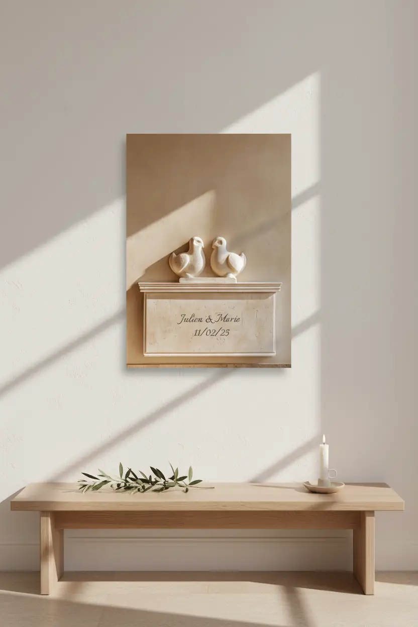 Les Colombes — Affiche murale personnalisable pierre méditerranéenne, affiche murale minimaliste avec cadre bois, décoration murale salon ou chambre, style méditerranéen