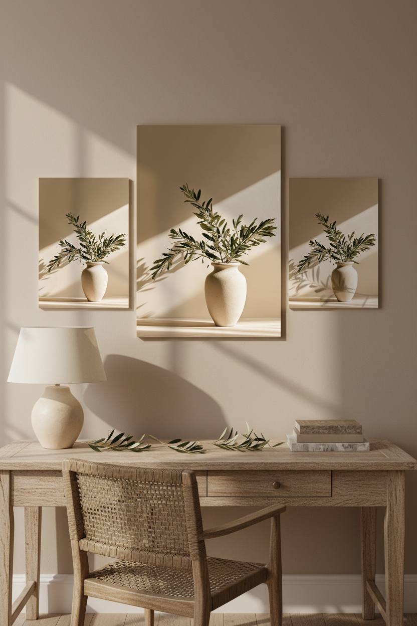 Affiche La Lame de Lumière dans une composition de trois affiches au-dessus d'une console en travertin — vase ivoire et branches d'olivier sous une diagonale de soleil