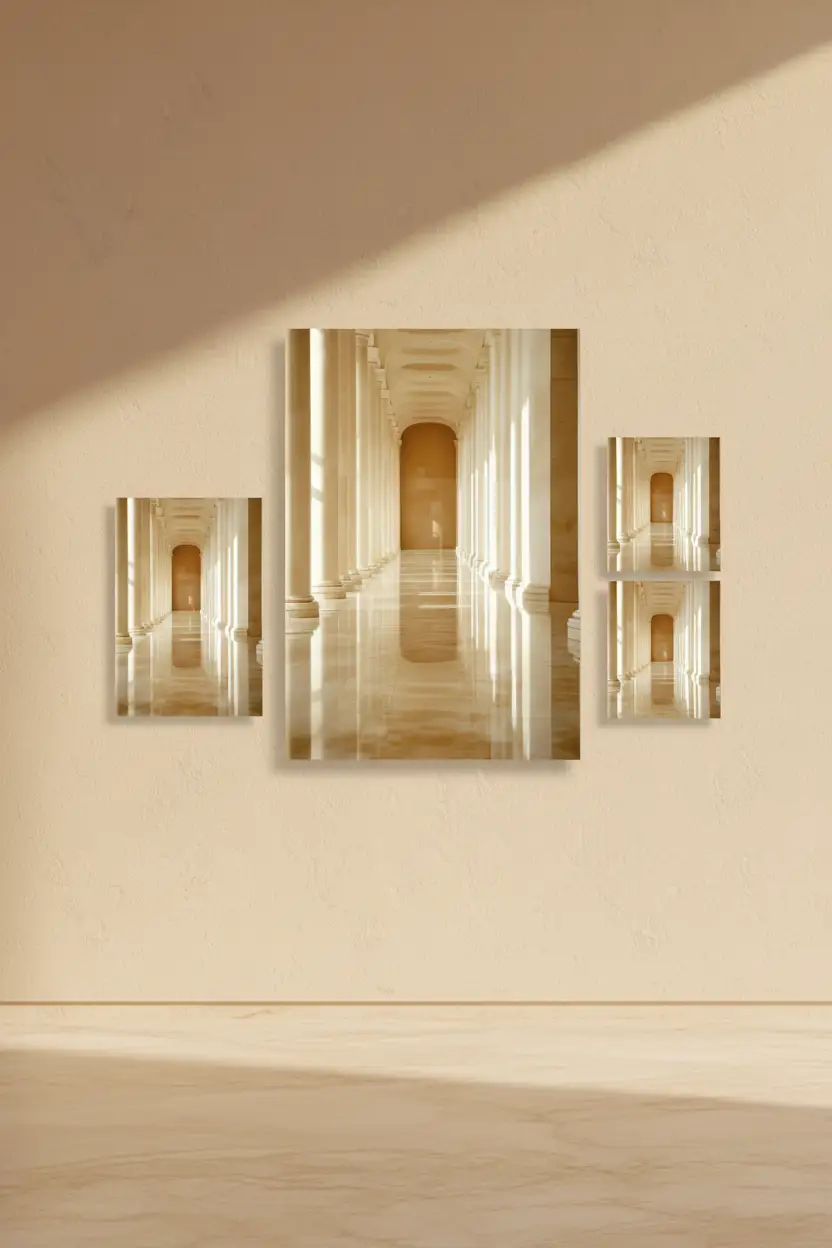 La Galerie — Affiche murale minimaliste ivoire sable colonnes dorées perspective — affiche murale minimaliste | Cassili-home