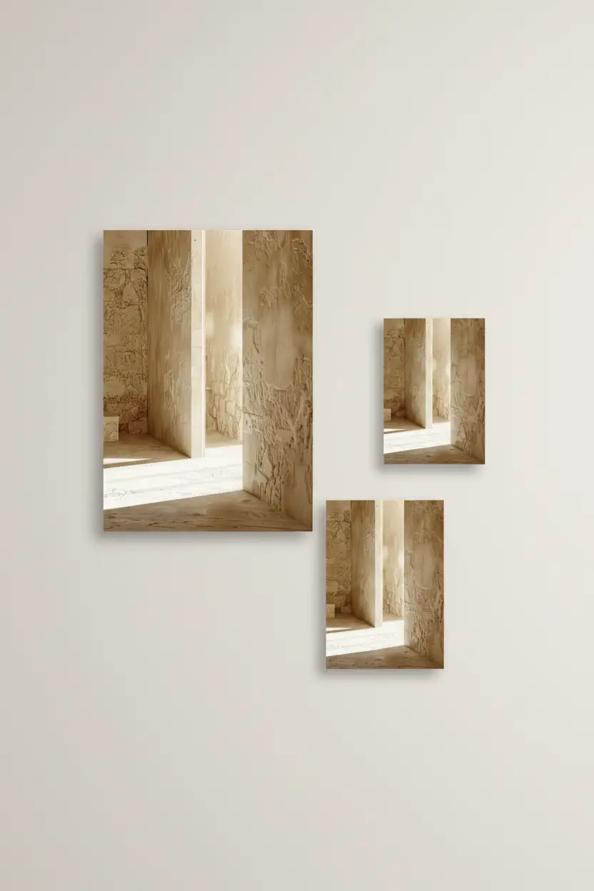La Fente de Lumière — Affiche murale minimaliste pierre calcaire brute fente lumière architecture, affiche murale minimaliste avec cadre bois, décoration murale salon ou chambre, style méditerranéen