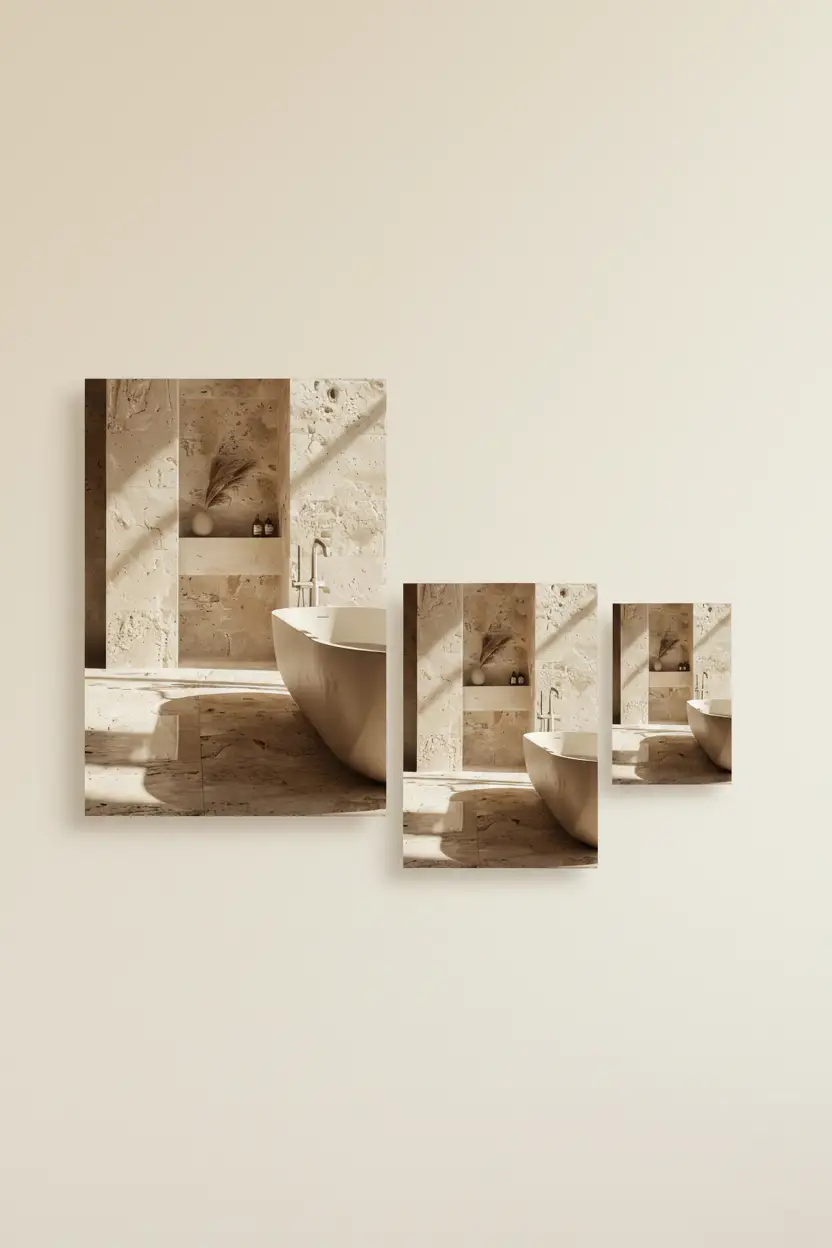 La Niche de Travertin — Affiche murale minimaliste salle de bain travertin brut niche pampa baignoire îlot lumière, affiche murale minimaliste avec cadre bois, décoration murale salon ou chambre, style méditerranéen
