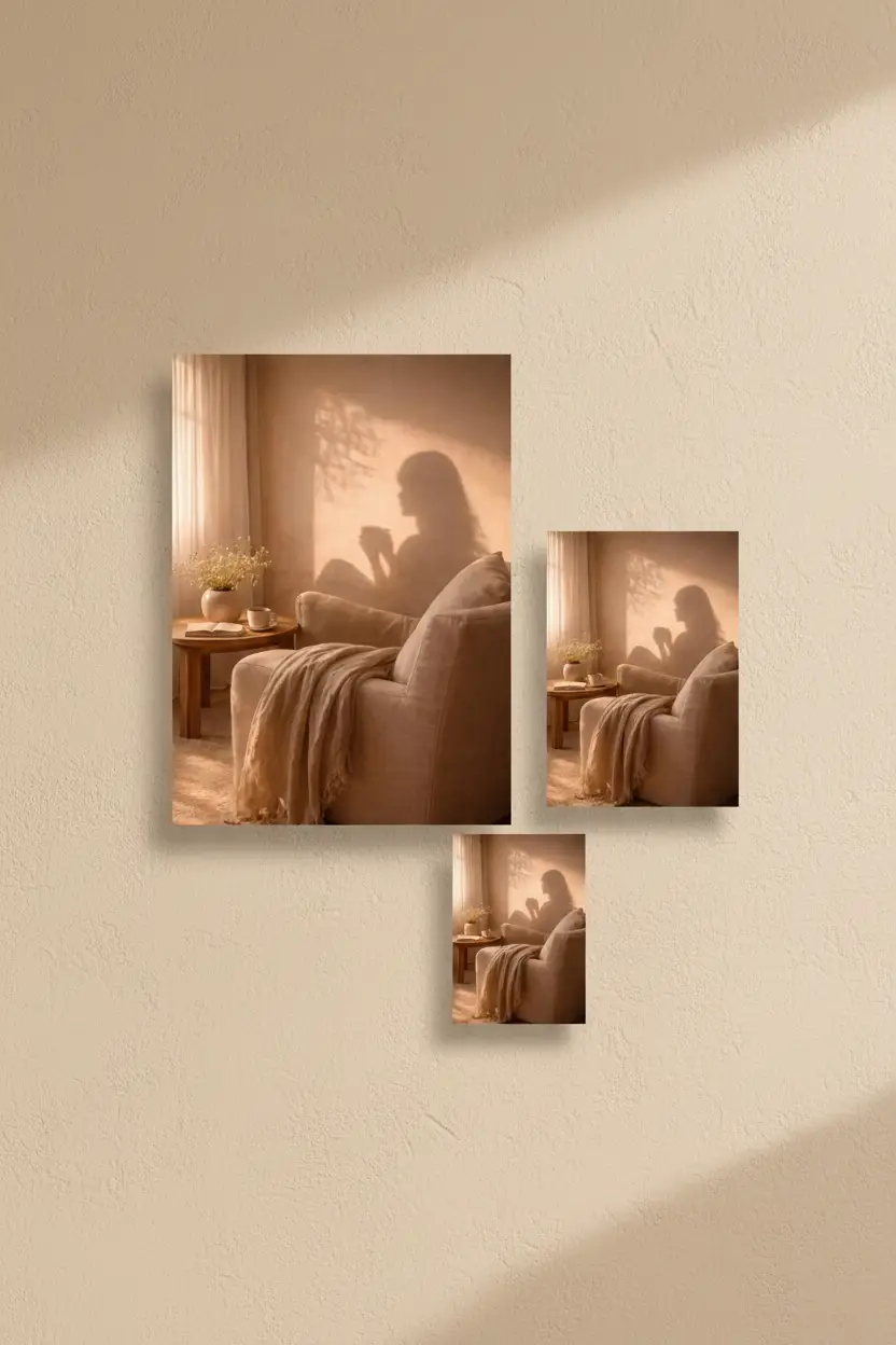 La Pause — Affiche murale minimaliste silhouette féminine lumière dorée, affiche murale minimaliste avec cadre bois, décoration murale salon ou chambre, style méditerranéen