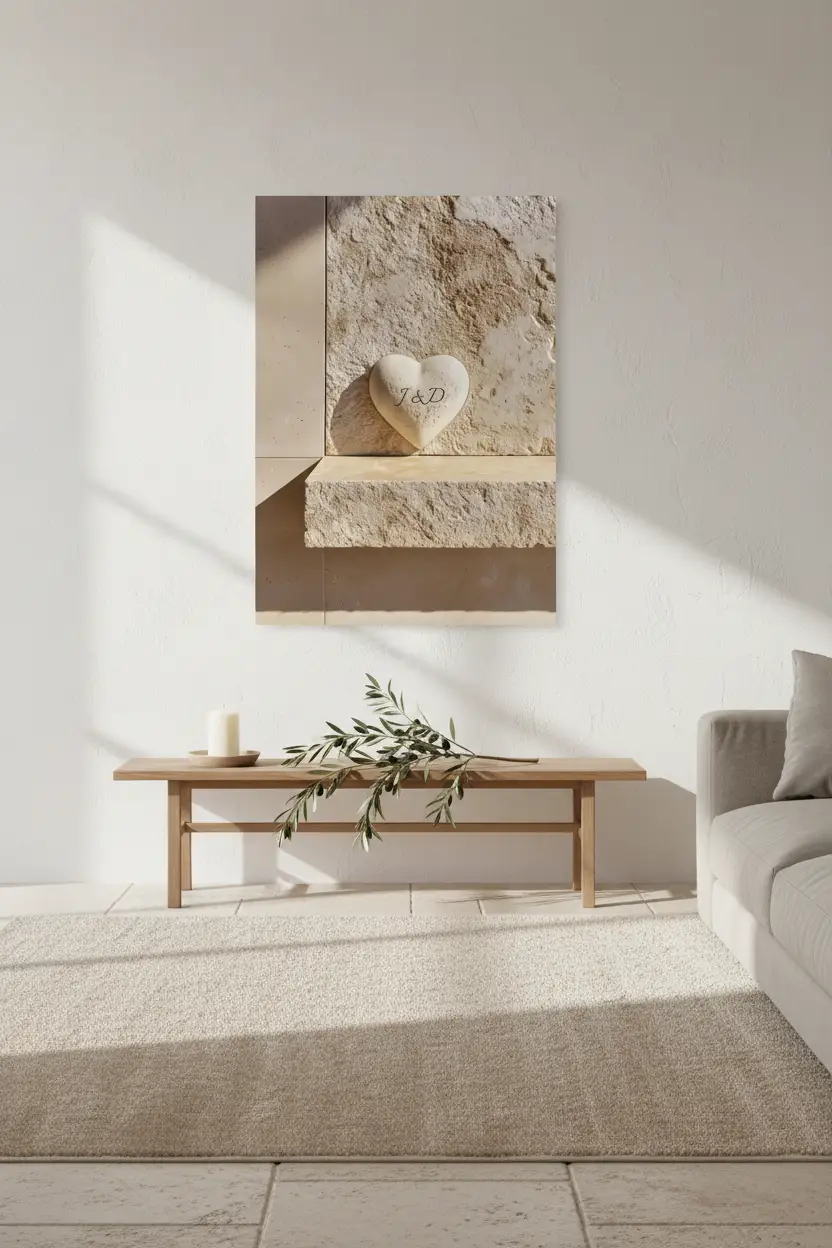 Le Cœur de Pierre — Affiche murale personnalisable pierre méditerranéenne, affiche murale minimaliste avec cadre bois, décoration murale salon ou chambre, style méditerranéen