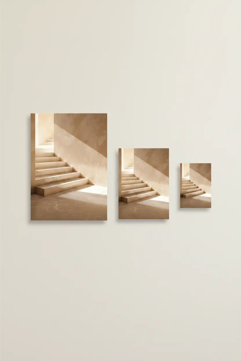 L’Escalier de Sable — Affiche murale minimaliste escalier enduit sable lumière triangle ombres architecture, affiche murale minimaliste avec cadre bois, décoration murale salon ou chambre, style méditerranéen