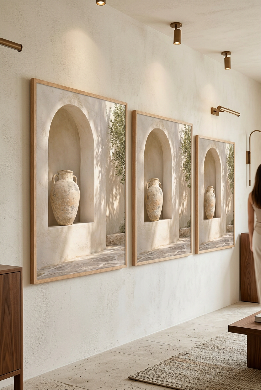 The Amphora Niche — three sizes side by side, oak frames
