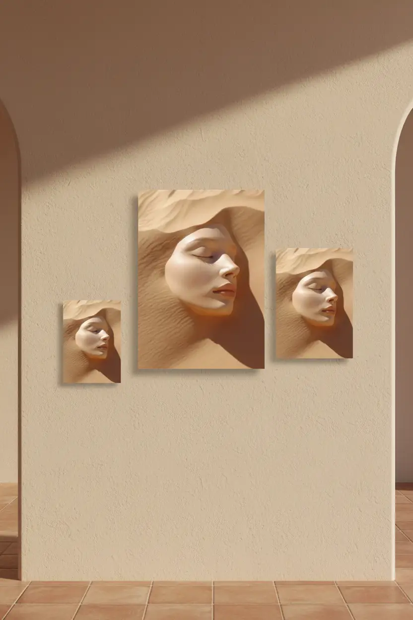 L'Enfant du Désert — Affiche murale minimaliste sable ivoire visage féminin dune abstrait — affiche murale minimaliste | Cassili-home