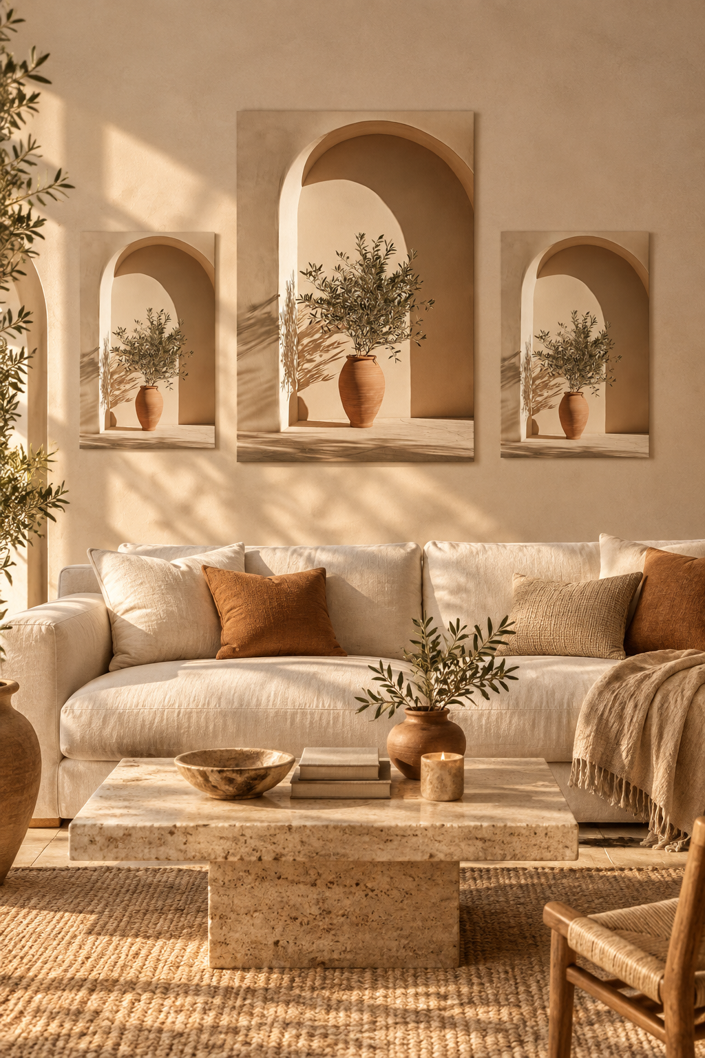 Poster The Rest Beneath the Arch — plaster arch and terracotta jar with an olive branch, in three sizes lined up on a wall