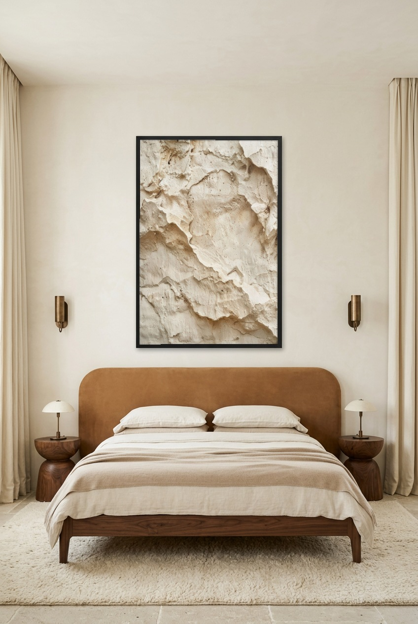 L’Écaille — poster in zwarte lijst in een slaapkamer