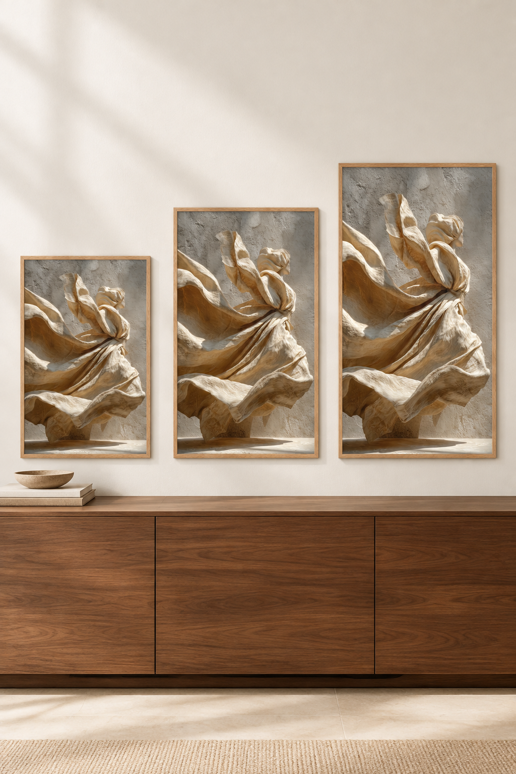 Das wehende Leinen in drei Formaten an einer Wand