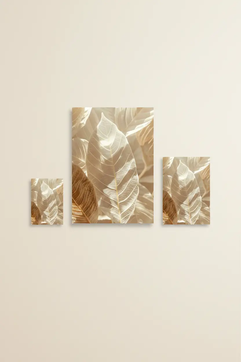 Der Wald des Lichts – Minimalistisches Wandbild Elfenbein Gold Blätter